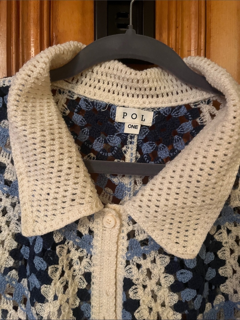 POL Crochet Short-Sleeve Cardigan in Blue and Cream - Picture 2 of 4